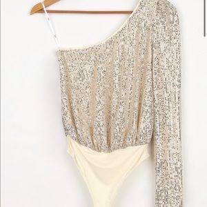 Dancing Diva Cream and Silver Sequin One-Shoulder Bodysuit
